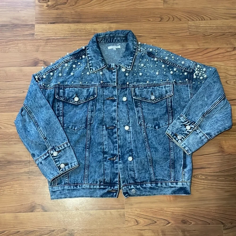 Veveret Pearl Rhinestones Denim Button Down Oversized Jacket Size large - Picture 1 of 10